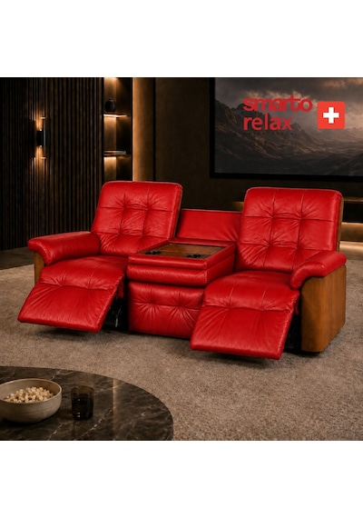 Smarto Relax Berlin 3 Lü Orta Konsollu Bardaklıklı Yatar Ayak Uzatmalı Ergonomik Deri Sinema Tv Koltuğu Kırmızı