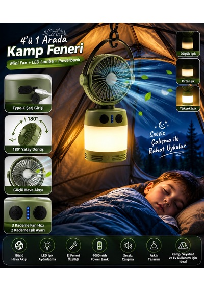 Şarjlı Kamp Fanı Led Lambalı 4000 Mah Powerbank Taşınabilir Vantilatör Ve Kamp Feneri Haki