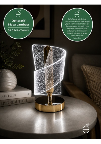 Evonıta Dekoratif Led Masa Lambası Spiral Tasarım Şeffaf Işıklı Abajur Gold Tabanlı Modern Gece Lambası Beyaz