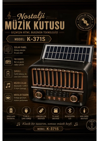 Güneş Enerjili Nostaljik Radyo Şarjlı Bluetooth Hoparlör Taşınabilir Retro Tasarım K-371s