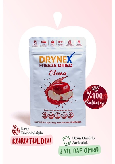 Drynex Freeze Dried Elma Dondurularak Kurutulmuş Çıtır Atıştırmalık Meyve Cipsi Şekersiz Glutensiz Vegan 20 G