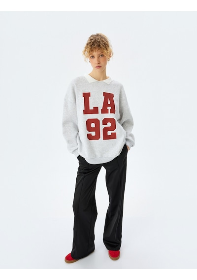 Koton Oversize Kolej Baskılı Polo Yaka Sweatshirt Kar Melanj 5sal10518ık Gri Melanj