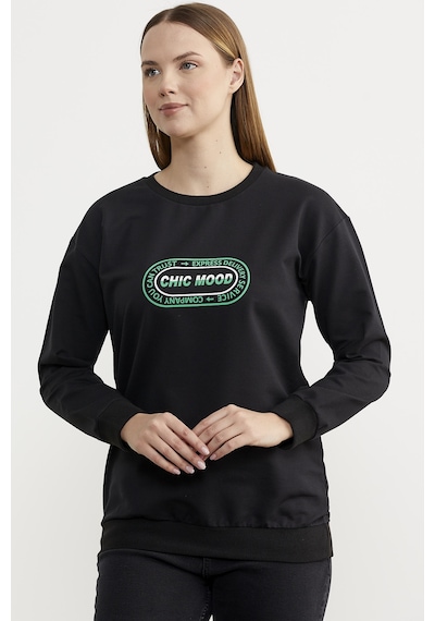 Baskılı Oversize Basic Sweatshirt - Siyah Ekru