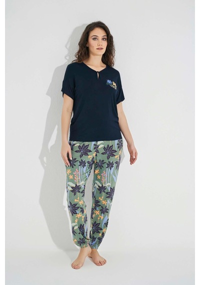 Monamise Kadın Çiçek Ve Yaprak Baskılı "summer Vocation" Pijama Takımı 23098 Lacivert
