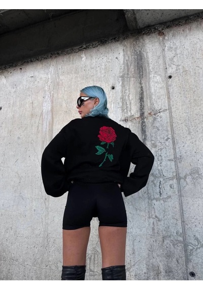 Zenna Tarz Oversize Üç İplik Bisiklet Yaka Baskılı Sweatshirt - Siyah