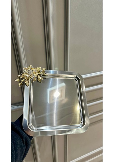 6 Lı Kare Kahve Çay Tek Kişilik Metal Sunum Tepsi Gümüş
