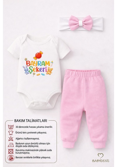 Babyden's Kız Bebek Bayramlık 3'lü Takım Bayram Şekeri Baskılı Body Pantolon Fiyonk Saç Bandı Kombini Pembe
