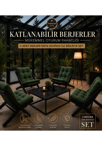 4lü Sehpalı Dinlenme Koltuğu Berjer Balkon Koltuğu Bahçe Kotuğu Tv Sandalyesi Koyu Yeşil