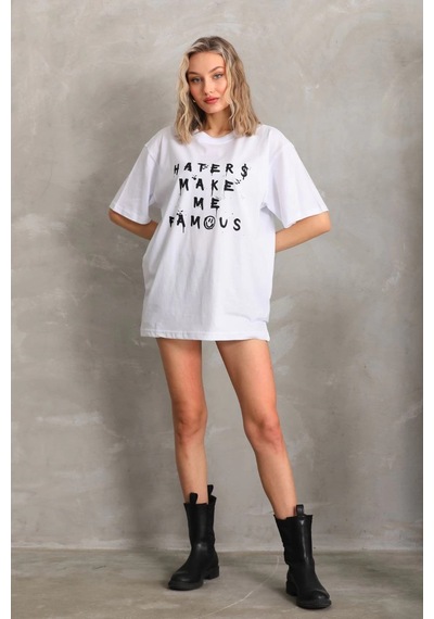 Primemagazam Kadın Ön Ve Arka Baskılı Oversize Kısa Kol T-shirt - Beyaz Çeşitli