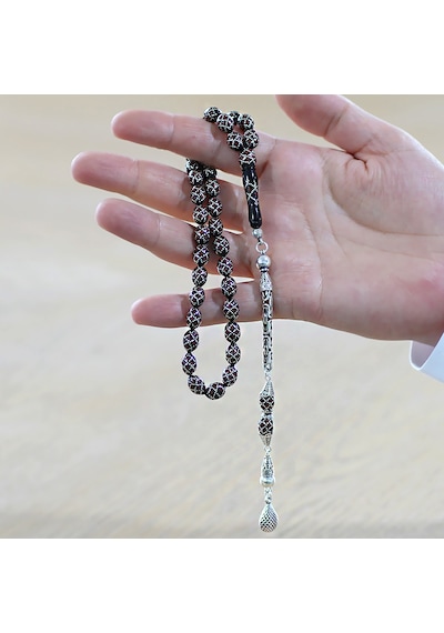925 Ayar Gümüş Kral Zincir Püsküllü Ekose Motifli Gümüş-mercan İşlemeli Arpa Kesim Erzurum Oltu Taşı Tesbih Siyah