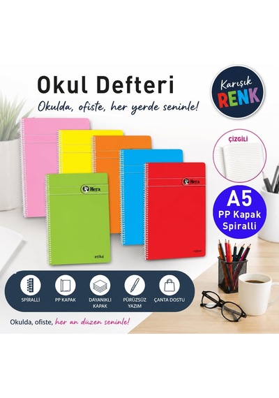 A5 Spiralli Çizgili Okul Defteri - Pp Kapak, 72 Yaprak / 144 Sayfa Çok Renkli
