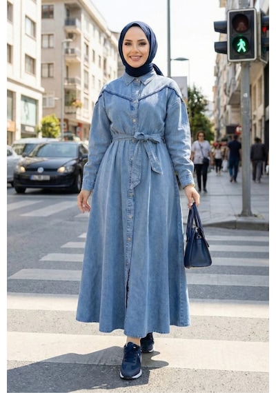 Hb Harma Time Butik Kadın Düğmeli Kuşaklı Kot Mavi Tesettür Elbise Kot Mavi Kot Mavi
