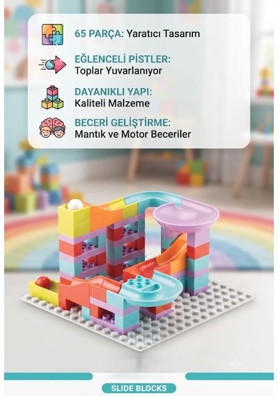 Slide Blocks 65 Parça Parkuru Top Kaydırağı Ve Blok Birleştirme Eğitici Beceri Geliştirme Seti