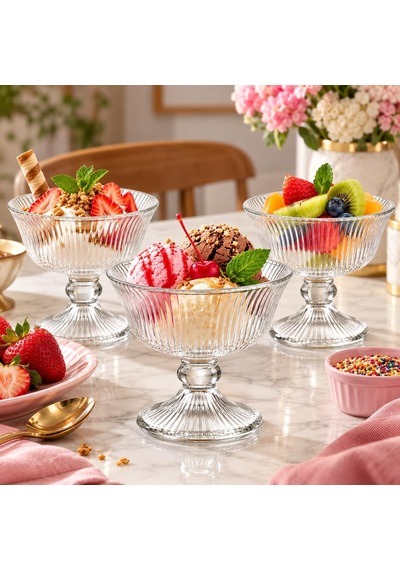 Arvale Tulip 3 Lü Ayaklı Cam Dondurma Tatlı Meyve Sunum Kasesi Seti Şeffaf