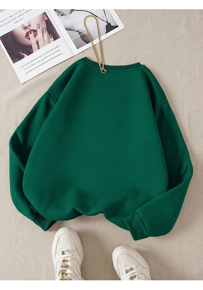 Uyguntarz Unisex Leopar Desenli Kurdele Baskılı Oversize Sweatshirt Yeşil