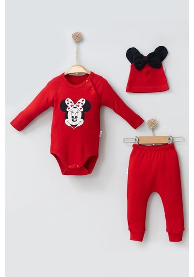 Veraura Lifestyle Mickey Desenli Şapkalı 3'lü Erkek Bebek Takımı Kırmızı