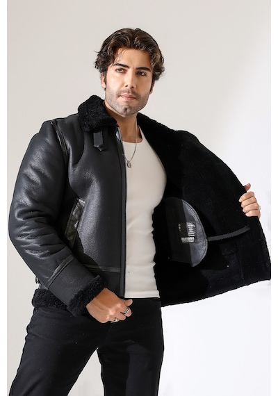 M M Marki Marki Erkek Hakiki Deri Mont, Siyah, Pilot Model, İçi Kürklü, 70 Cm, Fermuarlı