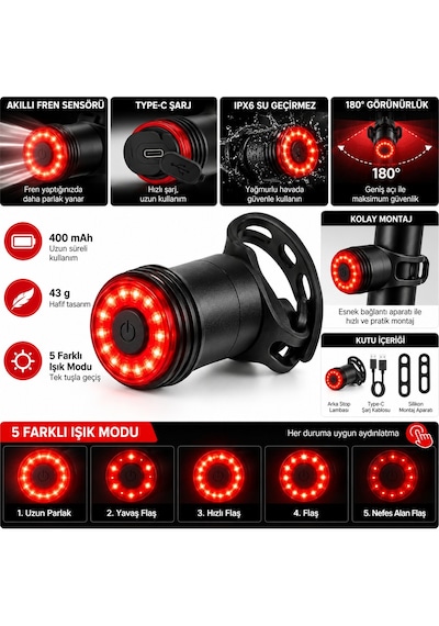 Luve Store Akıllı Bisiklet Arka Stop Lambası Fren Sensörlü Type-c Şarjlı Ipx6 Suya Dayanıklı 5 Modlu Led Işık Siyah