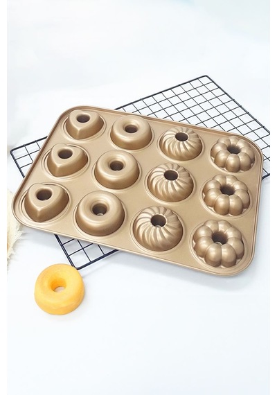 Karbon Çelik 12 Li Çiçek Kalp Şekil Donut Kek Pişirme Kalıbı Mt123 Krem
