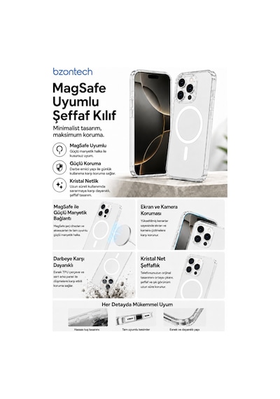 Apple iPhone Uyumlu 16 Pro Max  Yumuşak Magsafe Kablosuz Şarj Destekli Şeffaf Kılıf Kamera İçin Yükseltilmiş Çerçeve