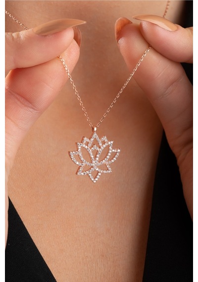 Nereze 925 Ayar Gümüş Zirkon Taşlı Rose Kaplama Lotus Çiçeği Tasarım Kolye