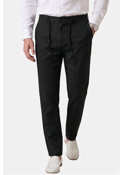 Deepsea Siyah Slim Fit Likralı Keten Dokulu Lastikli Belli İpli Yazlık Erkek Pantolon 2603001
