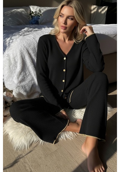 Hç İç Çamaşırı Kadın Premium Fitilli Siyah Gold Biyeli Pijama Takımı