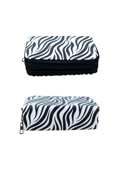 Kalem Kutusu Zebra Desen Orginazer Vegan Deri Üç Bölmeli Kaleml