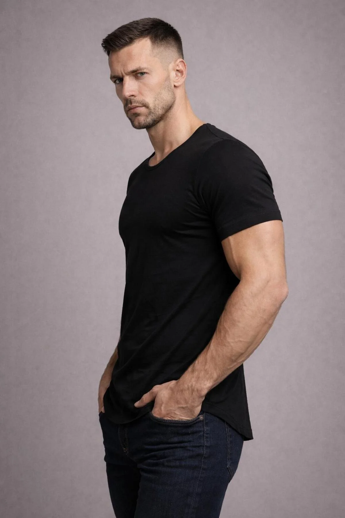 Erkek Siyah Oval Etek Normal Geniş Yaka Pamuklu Slim Fit Kısa Kollu Tişört T-shirt Siyah