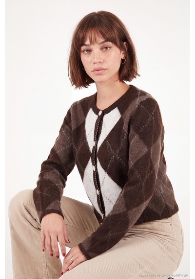 Lela Regular Fit Bisiklet Yaka Baklava Desenli Düğmeli Crop Hırka Kadın Hırka 4615570 Kahve