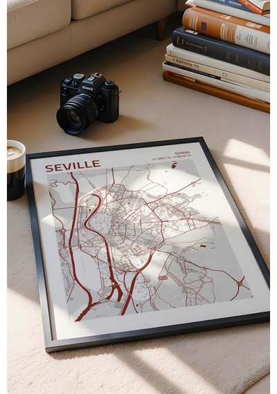 Sevilla İspanya Spain Haritası Çerçeveli Tablo Lüks Salon Ofis Duvar Dekorasyonu Hediyelik Tablo
