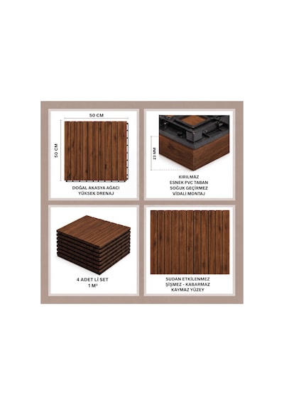 %100 Akasya Ahşap Deck Karo 50x50 Cm Geçmeli Click Sistem 1 Koli 4 Adet 1 M² Balkon Teras Bahçe Havuz Banyo