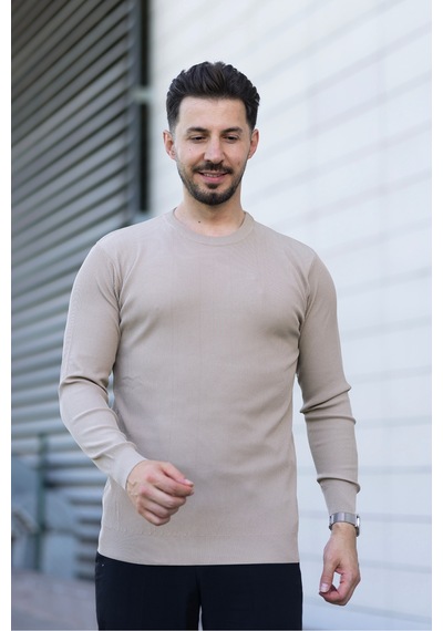 Hk Premium Erkek Fitilli Slim Fit Bisiklet Yaka Triko Kazak Bej