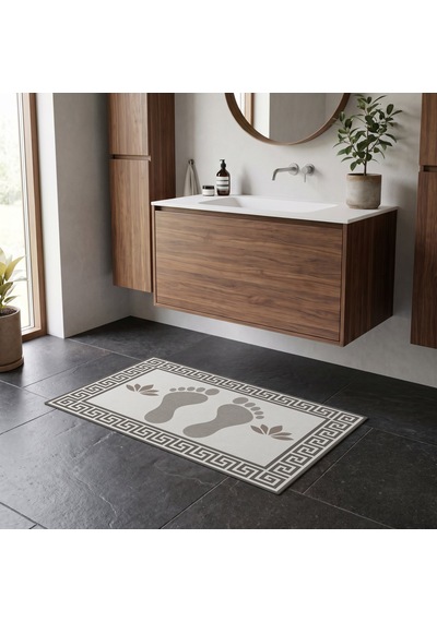 Kartela Halı Ayak İzi Desenli Banyo Paspası Açık Gri Kaymaz Taban Makinede Yıkanabilir 60x90 Cm