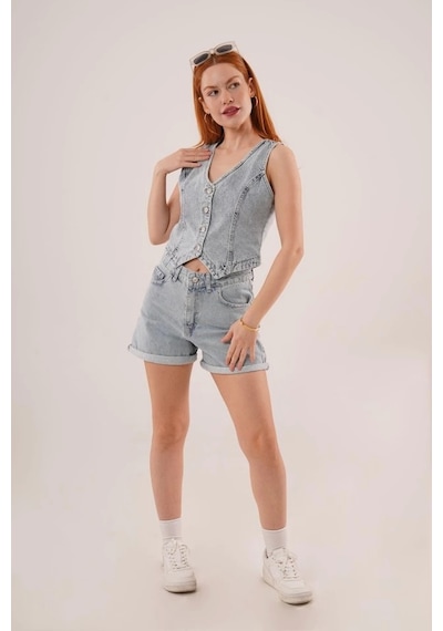Defymoda Düğme Ve Ön Dikiş Detaylı Mavi Jean Yelek Mavi