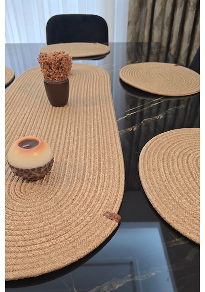 6 Lı Oval Supla 1 Runner 1 Dekoratif Ekmek Sepeti Seti Desenli Sunumluk Yemek Takımı Bej