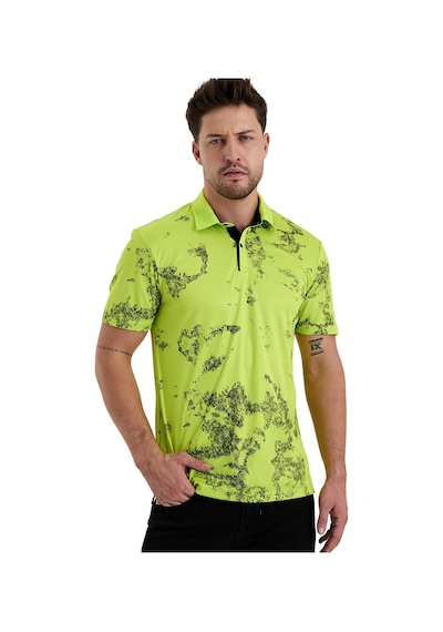 Gölge Desenli Spor Polo Yaka Erkek Kısa Kol Tişört Neon Yeşil