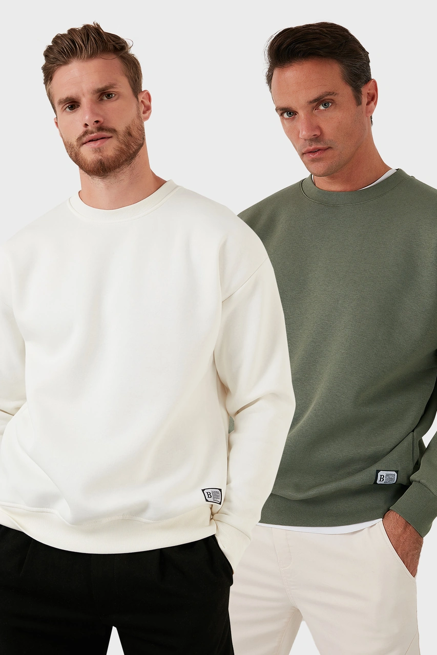 Buratti Regular Fit Bisiklet Yaka Şardonlu 2'Li Paket Erkek Sweat 5905255S2 Ekru-Haki