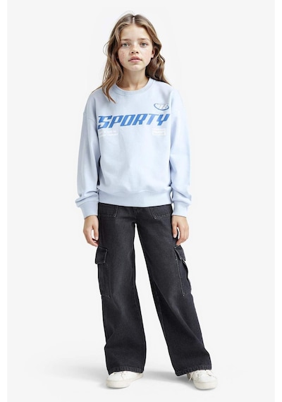 Defacto Kız Çocuk Relax Fit Bisiklet Yaka Baskılı Sweatshirt E6760a825aube216 Mavi