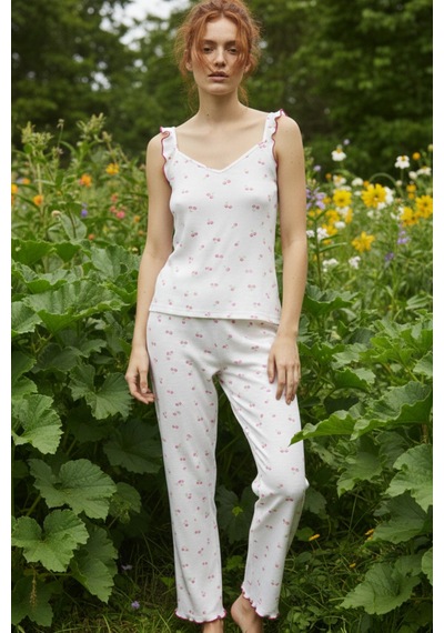 Siyah İnci Fitilli Kaşkorse Örme Pijama Takım 26120651 Beyaz Pembe