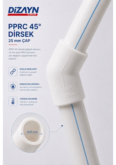 Dizayn 25 45 Dirsek, Pprc 45 Derece Dirsek 25 Mm 50 Adet Pn25 Temiz Su Tesisat Boru Ek Parçası