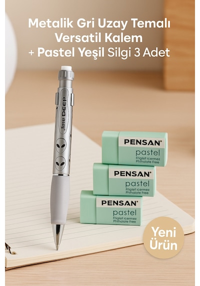Metalik Gri Uzay Versatil Kalem + Pastel Turuncu Silgi 3 Adet Gümüş Uzaylı