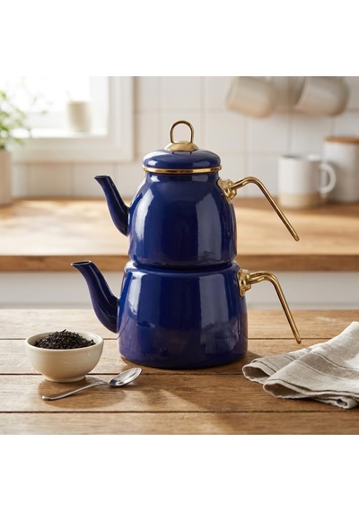 İçten Kaplamalı Emaye Çaydanlık Takımı - Gold Detaylı Nostaljik Alt Üst Çay Seti 1.2 Litre + 2 Litre - 3 Renk Seçeneği Mavi çok renkli