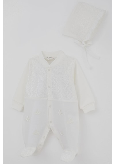 Breeze Kız Bebek Patikli Tulum Dantel Detaylı Çiçek Nakışlı 0-6 Ay, Ekru Ekru