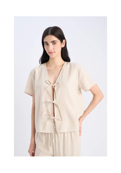 DeFacto Pijama Takımı Keten Kısa Kollu Üst Esnek Belli Alt-Fall in Love E3571AX25SPBG778