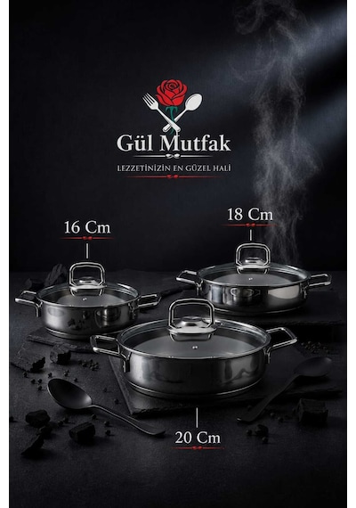 Gül Mutfak 3 Lü 6 Parça Paslanmaz Çelik Sahan Seti Cam Kapaklı 16-18-20 Cm Inox