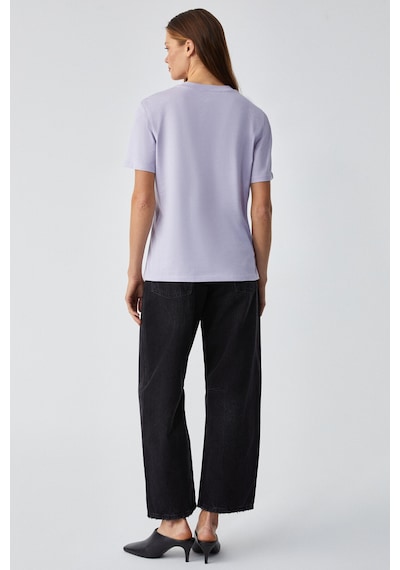 Grımelange Alıne Kadın %100 Organik Pamuk Derin V Yakalı Comfort Fit Lila T-shirt Lila