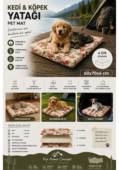 Kedi Köpek Yatağı Süngerli Fermuarlı Yıkanabilir Kılıflı Evcil Hayvan Minderi 60x70x6 Cm-ingiliz Gülü
