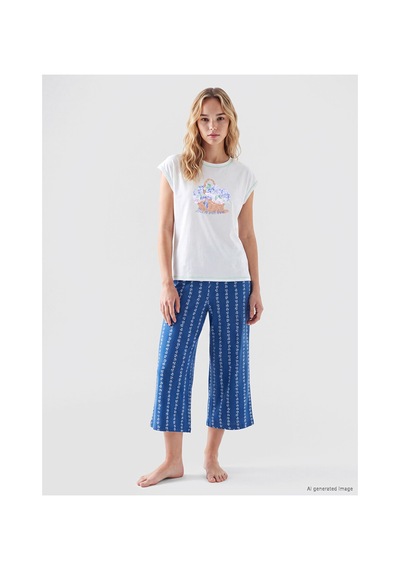 Lcw Dream Lacivert Bisiklet Yaka Baskılı Kadın Kaprili Pijama Takımı