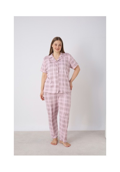 Estiva Kadın Kareli Pembe Kısa Kollu Önden Düğmeli Soft Battal Pijama Takımı Çok renkli